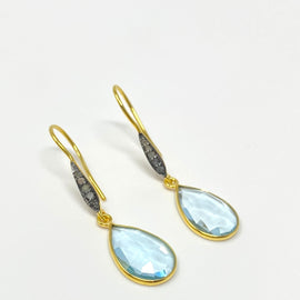 Genuine Sky Blue Topaz Pave Diamond Earrings, 14K Gold Plated Sterling