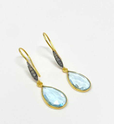 Genuine Sky Blue Topaz Pave Diamond Earrings, 14K Gold Plated Sterling