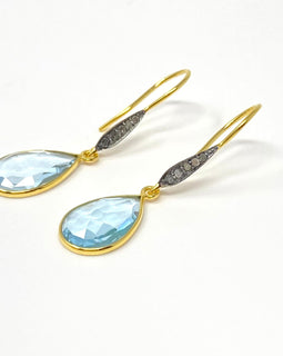 Genuine Sky Blue Topaz Pave Diamond Earrings, 14K Gold Plated Sterling